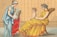 An illustrated scene featuring two women and a child in ancient-style clothing. One woman is seated, holding the child on her lap, while the other woman stands, extending a large container labeled 'milk food' towards them. The setting appears decorative with a patterned background.