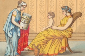 An illustrated scene featuring two women and a child in ancient-style clothing. One woman is seated, holding the child on her lap, while the other woman stands, extending a large container labeled 'milk food' towards them. The setting appears decorative with a patterned background.