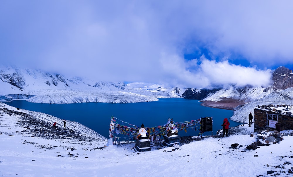 pessoas andando de trenó no chão coberto de neve durante o dia