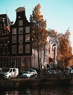 A picturesque canal-side street lined with classic Dutch buildings. Autumn trees with golden leaves flank the narrow road, where a row of parked cars, including vintage models, and bicycles can be seen. The water in the canal reflects the surrounding scenery, adding to the serene atmosphere.