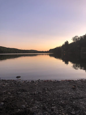A tranquil view of the lakeside at sunset with golden hues reflected on the water.