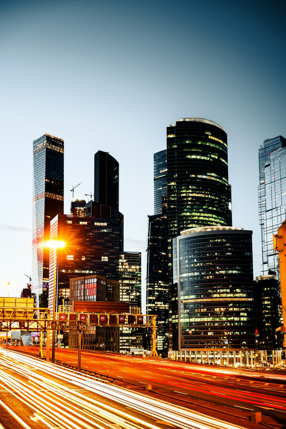 city skyline during night time