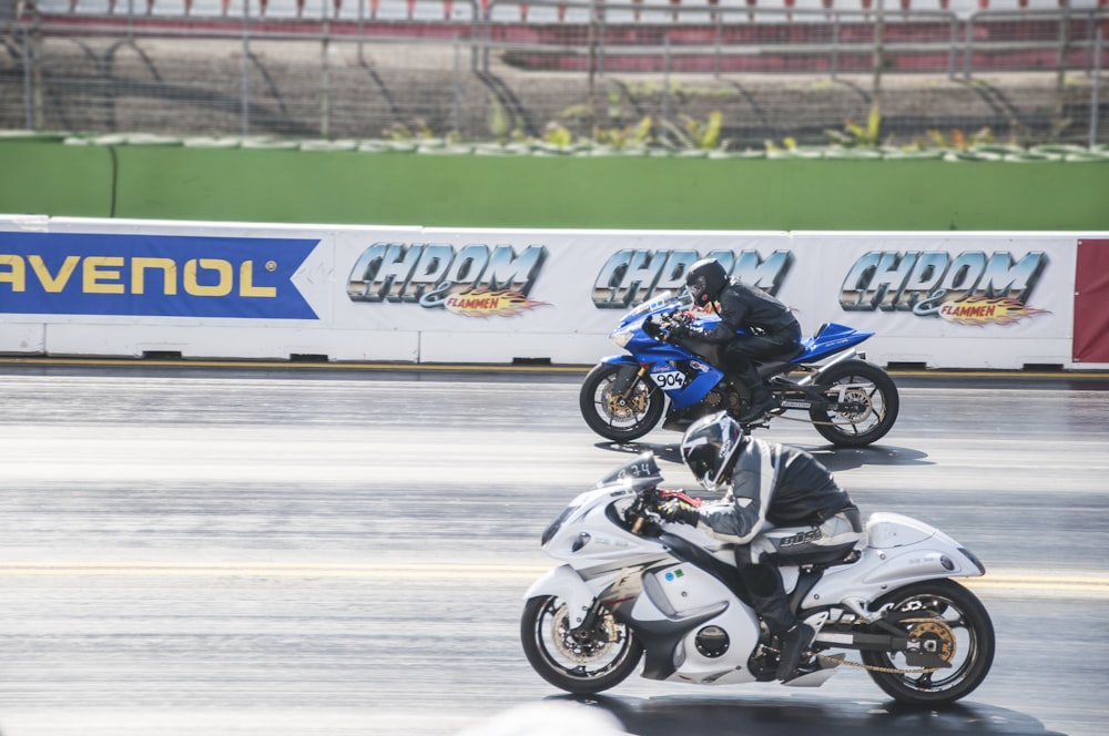 man in black and white motorcycle suit riding on white and blue sports bike