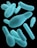 A collection of blue-green, rod-shaped bacteria appears to be floating against a black background. The bacteria have a textured surface that gives them a unique, almost fuzzy appearance.