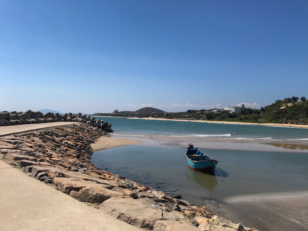 red and black boat on sea shore during daytime