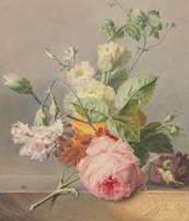 A detailed watercolor of blooming flowers in a rustic garden.