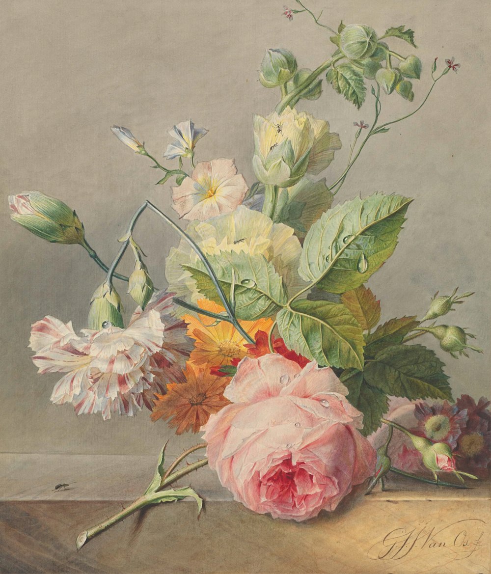 pittura floreale bianca e rosa