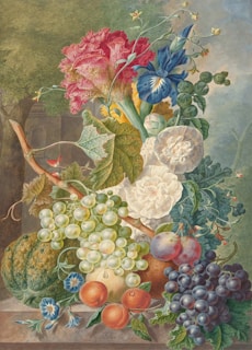 A vibrant still life painting featuring flowers and fruits.