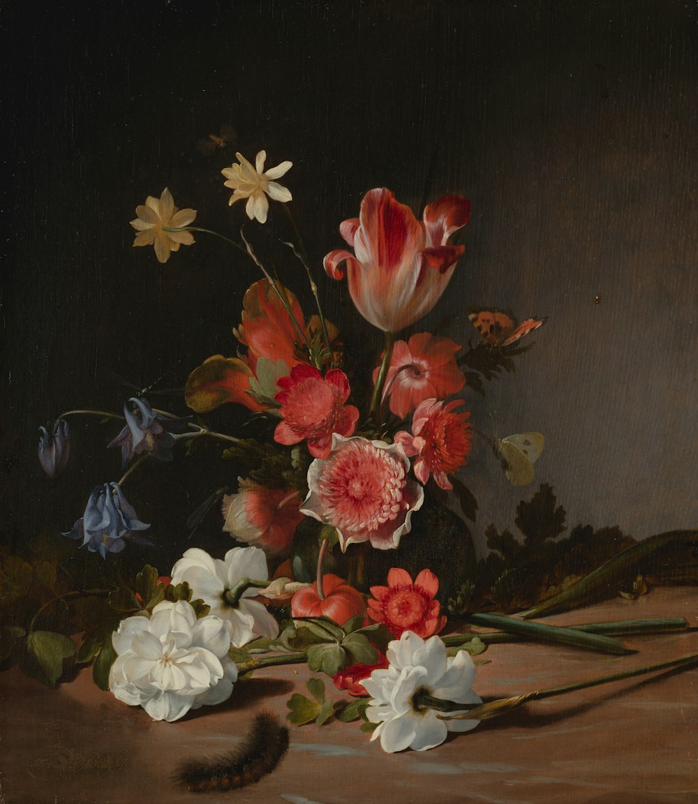 red and white flowers painting