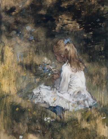 girl in white dress sitting on rock painting