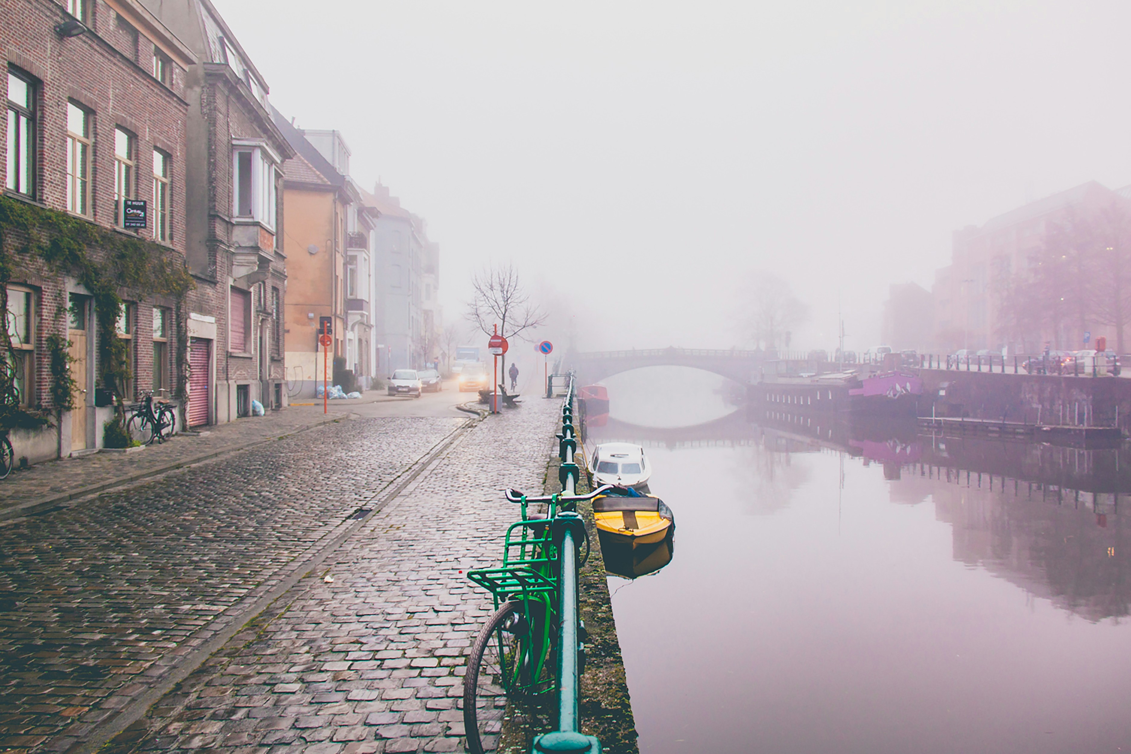 green bicycle parked beside river