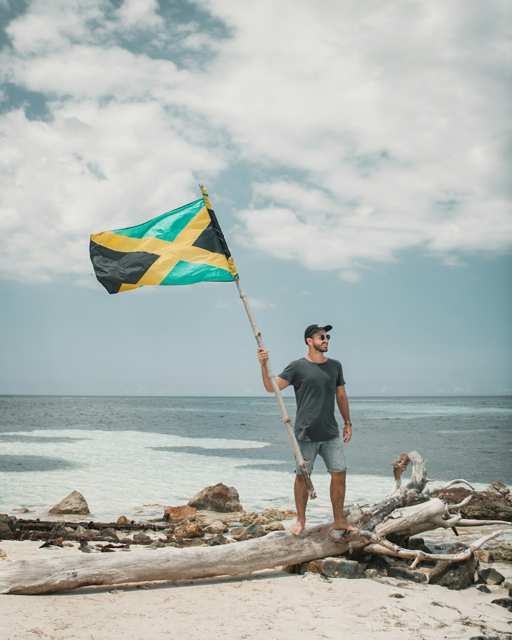 man in blue t-shirt holding flag standing on brown rock near body of water during