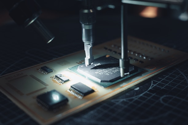 A close-up view of a microchip on a circuit board being worked on with precision instruments. The scene is illuminated, highlighting the intricate electronic components and the fine details of the circuit.