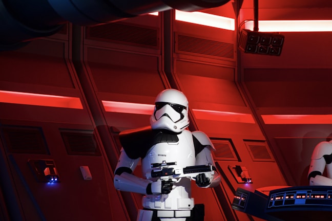 white robot in red room