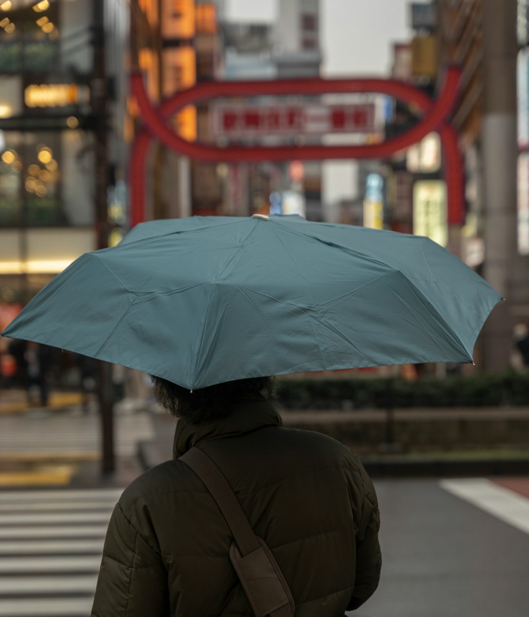 person in black coat holding umbrella