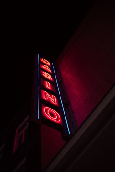 A neon sign is prominently displayed on the side of a building. The sign is vertical and spells out the word 'CASINO' in bold, red neon letters. Surrounding the letters is a blue outline that adds to the vibrancy of the sign against the otherwise dark facade of the building.