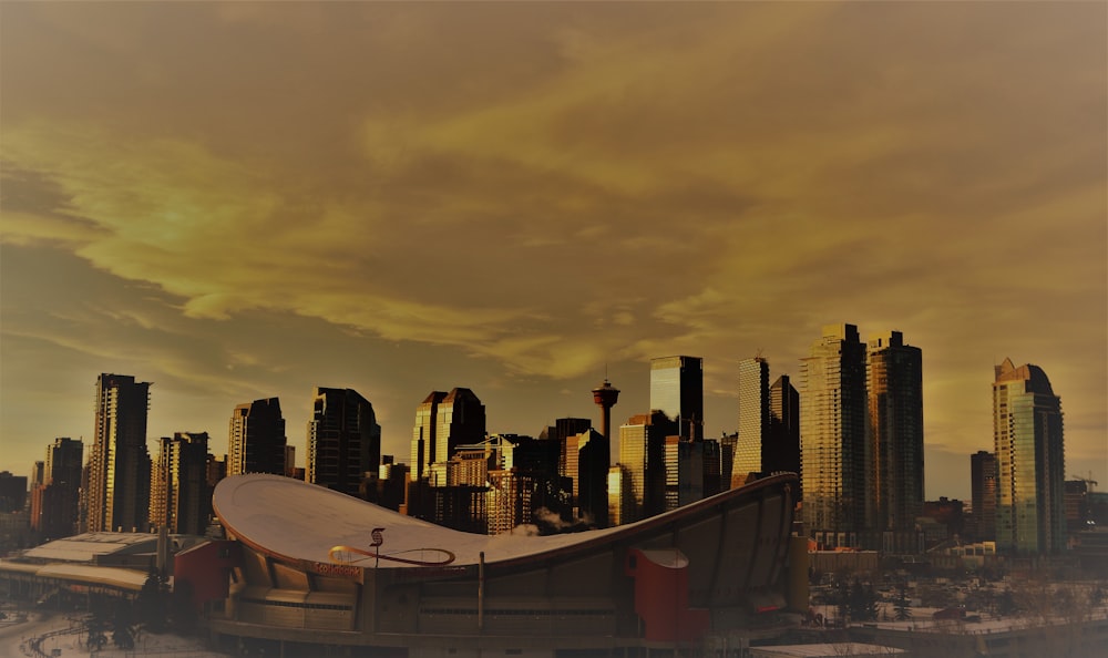 city skyline during night time