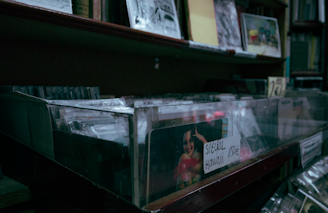A dimly lit shelf filled with various records or CDs in transparent cases. One case has a label saying 'Special Hawaii' priced at 15€. The shelf is surrounded by other stacks of media, possibly books or albums.