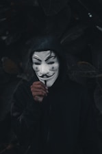 A person wearing a Guy Fawkes mask stands against a dark, leafy background. The individual is dressed in a black hoodie and is holding a stick that appears to be incense, producing a small wisp of smoke. The mask features a mustachioed face with wide eyes and a slight smile.