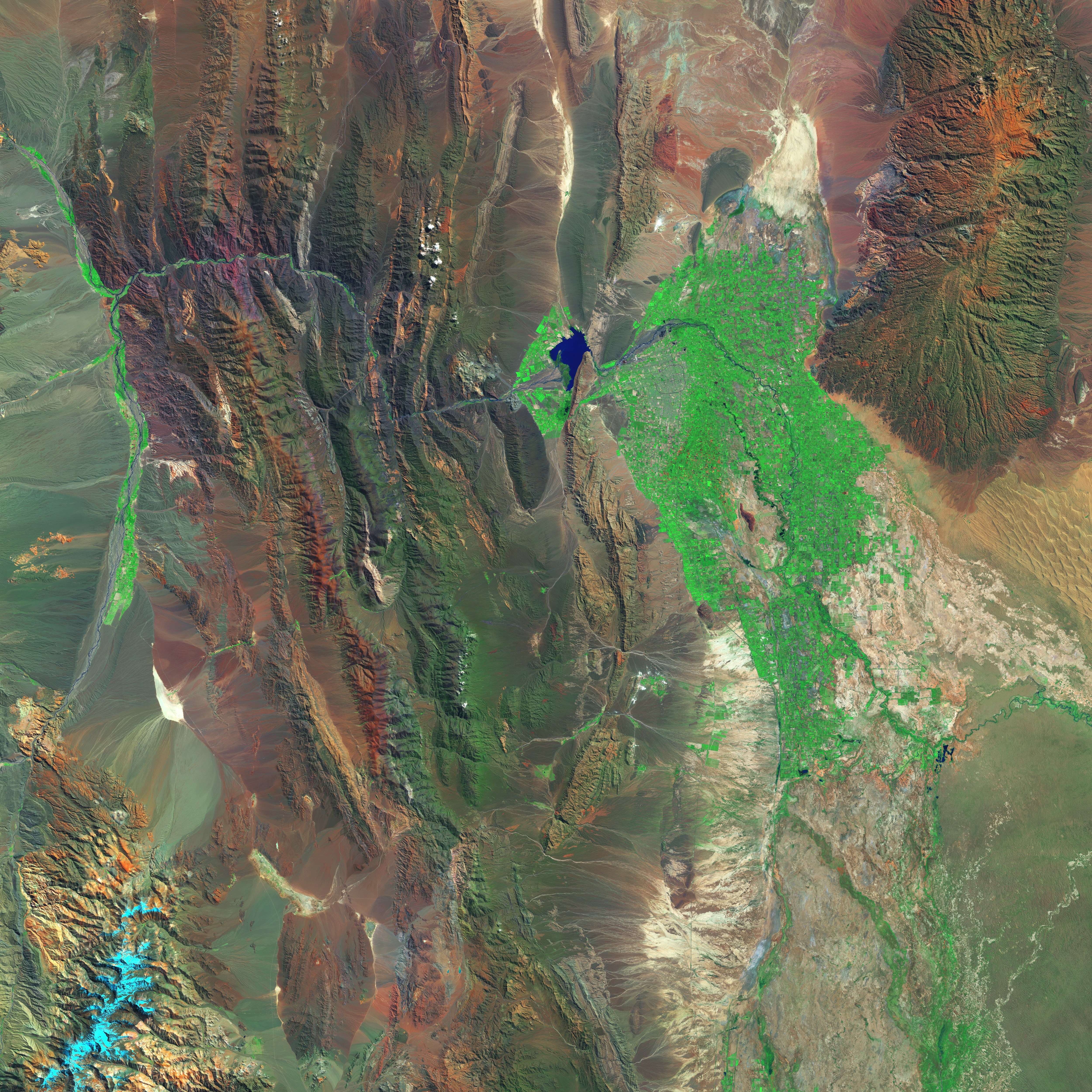 San Juan, Argentina, nestles in a fertile valley flanked by arid mountains. Croplands and vineyards (green) abut the metropolitan area on the San Juan River. The white \