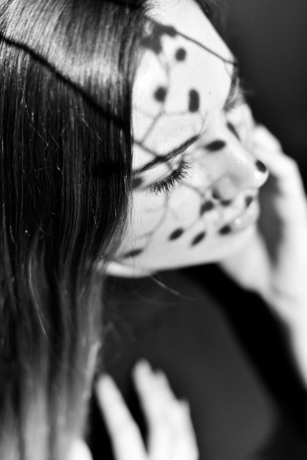 grayscale photo of woman with face mask