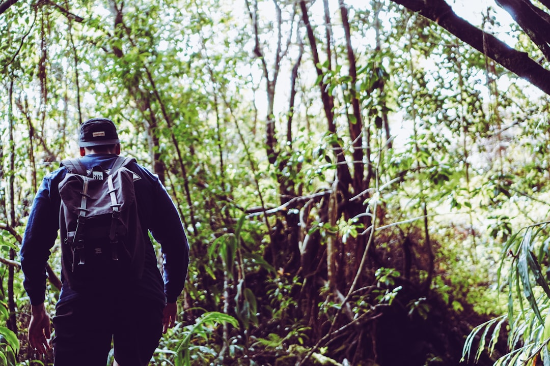 man in black jacket and black backpack standing in forest during daytime
