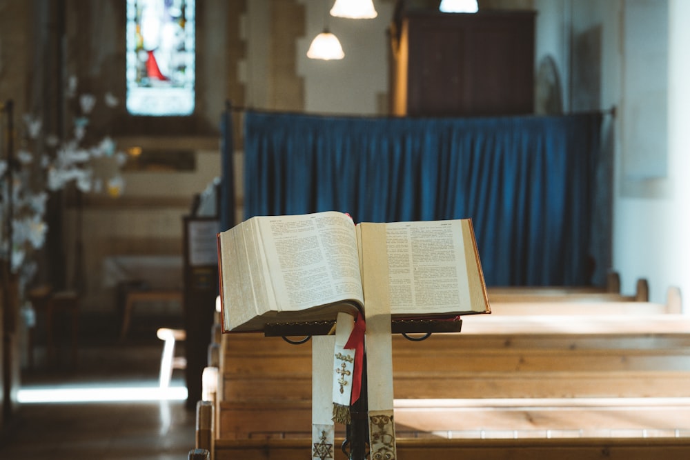 opened book on brown wooden bench