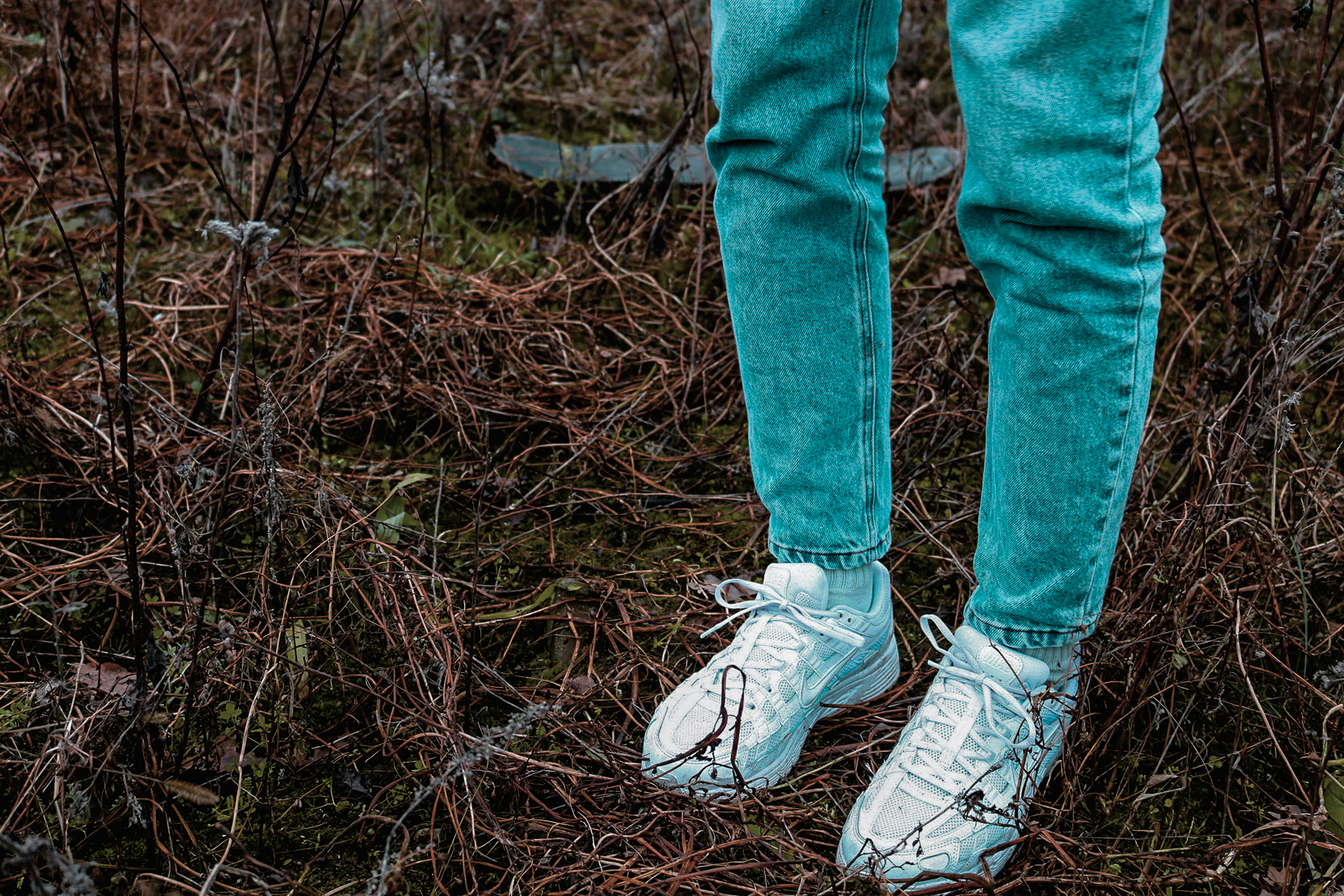 person in blue denim jeans and white sneakers standing on brown dried leaves
