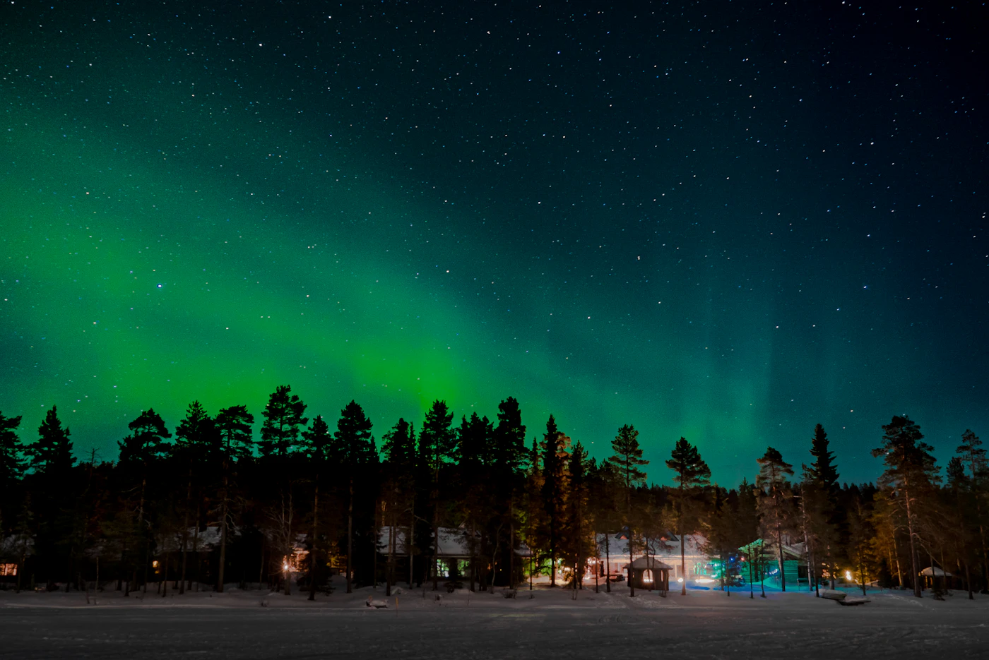 Northern lights above the forests of Lapland, where inland skies are statistically clearer than the Norwegian coast