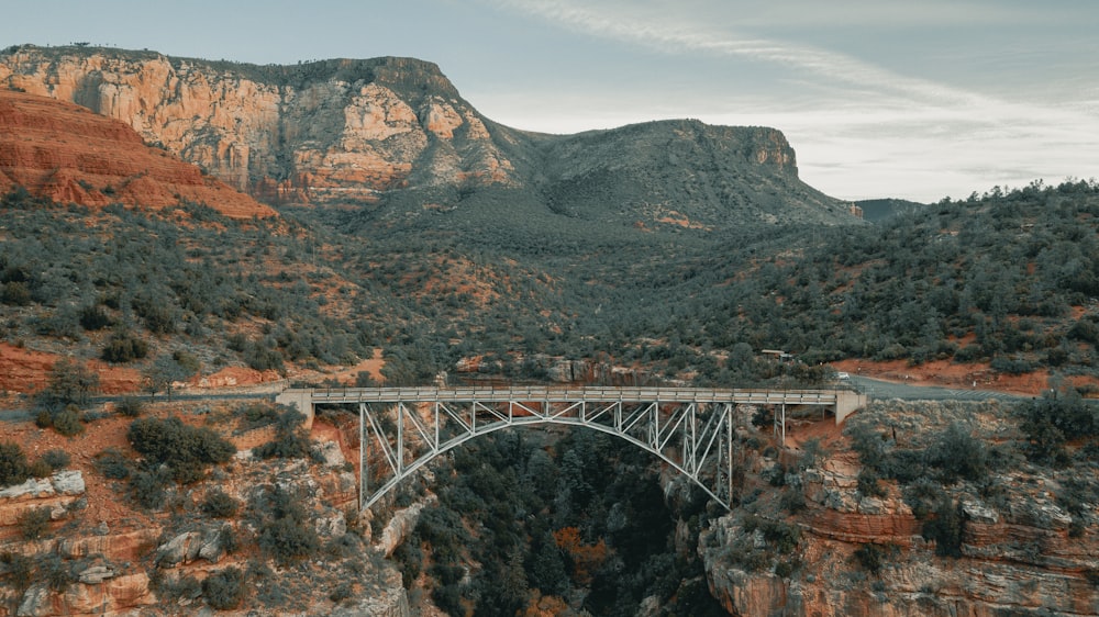 gray metal bridge over the mountain