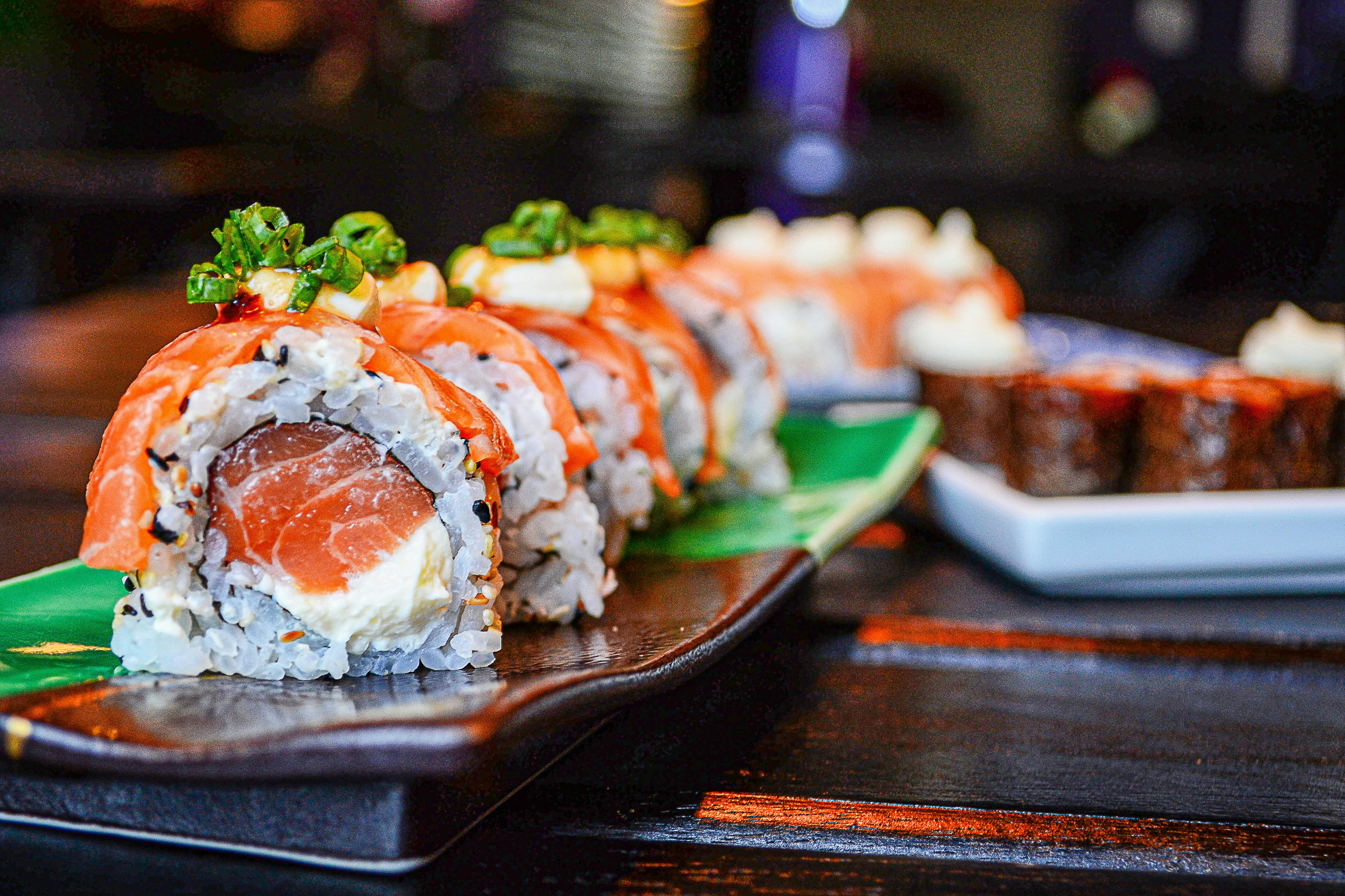 great photo recipe,how to photograph special sushi presentation.; sushi on white ceramic plate