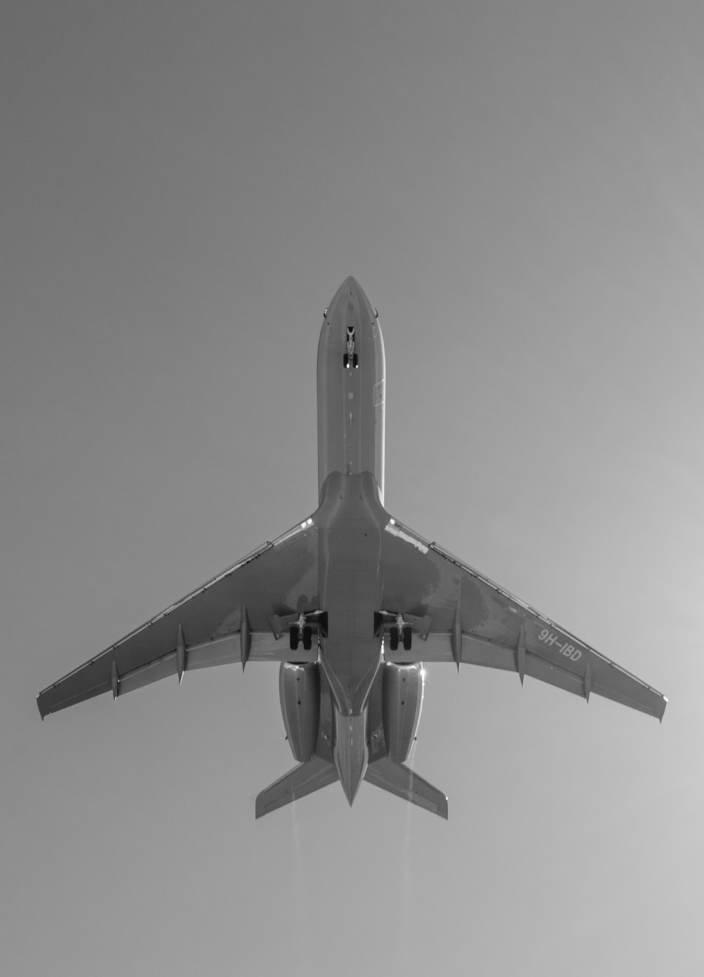 grayscale photo of airplane in mid air