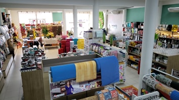 A well-organized store interior with neatly arranged products. Various home goods and decorations are displayed, including kitchenware, artificial flowers, and textiles. Shelves are filled with neatly stacked items, and the store is brightly lit with natural and artificial light.