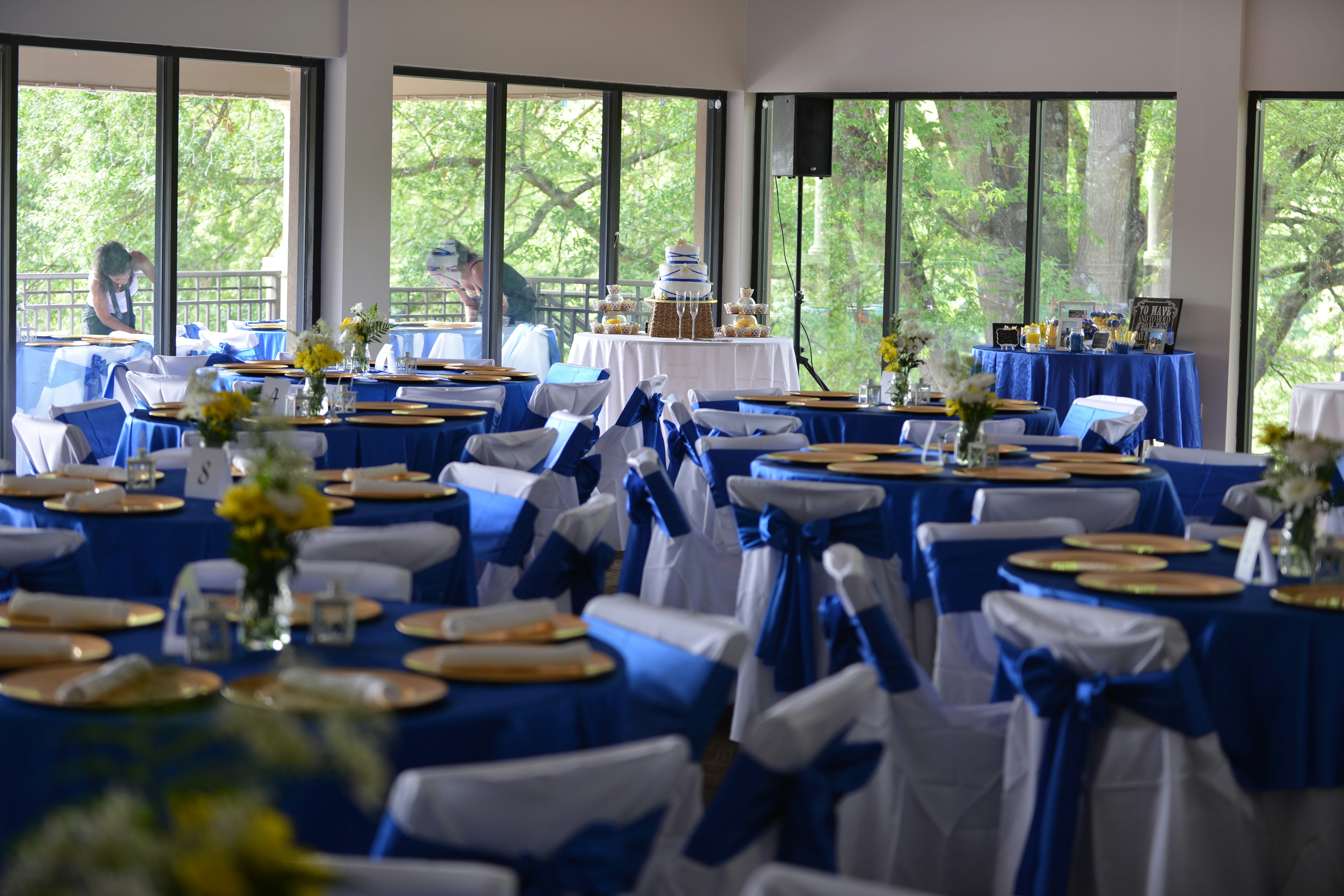 Corporate event setup with tables and chairs at a modern Atlanta venue