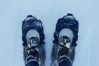 Close-up of snowshoes resting on fresh snow with aurora-lit sky in the background.