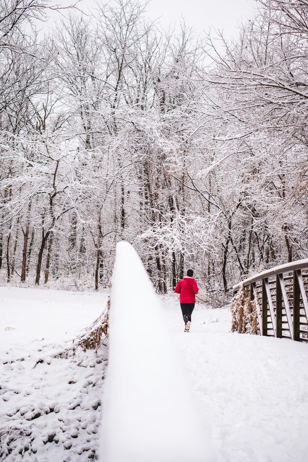 person in red jacket walking on snow covered pathway