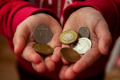 A hand holding a small collection of diverse coins from different countries.