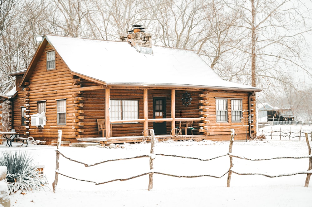 brown wooden house covered with snow during daytime