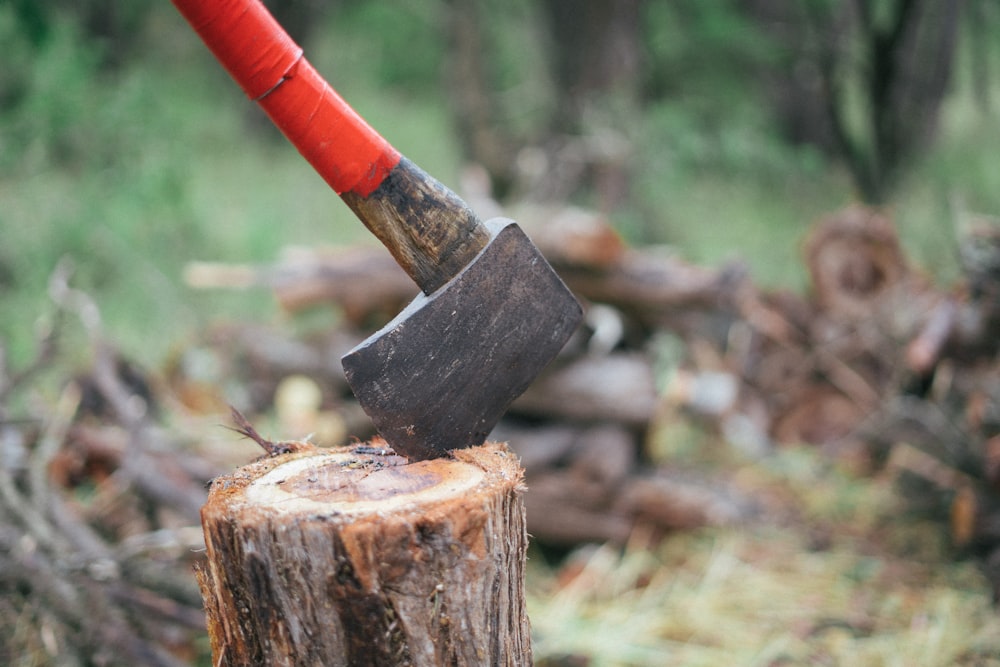 red and black axe on brown wood log