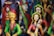 Colorful clay figurines depicting traditional musicians and dancers, adorned with vibrant attire, intricate jewelry, and expressive facial details. The sculptures have a folk art style with vivid use of color, creating a lively and cultural atmosphere.
