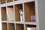 Wooden shelves installed neatly in a home office space.