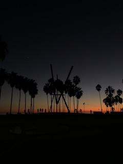 Sunset over Copacabana beach with silhouettes of palm trees and people enjoying the evening.