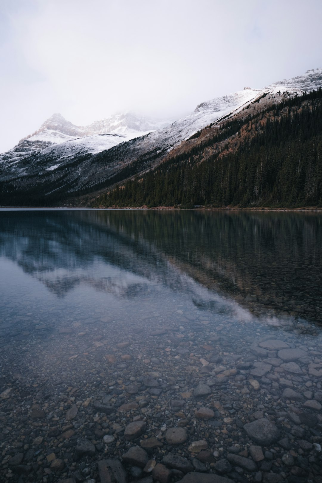 lake near snow covered mountain