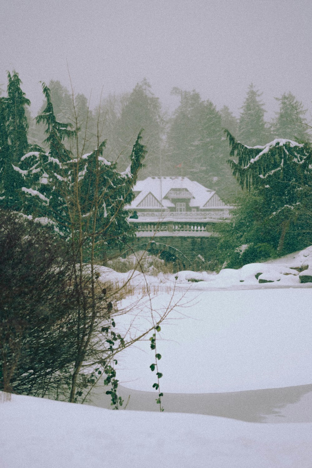 Weißes und braunes Haus auf schneebedecktem Boden