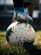 white and blue soccer ball on green grass field