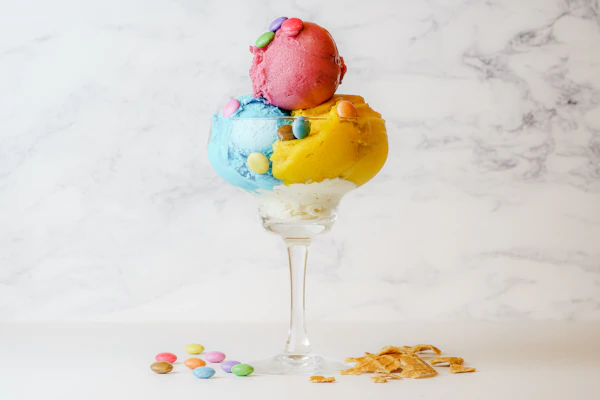 Colorful ice cream scoops with cherry