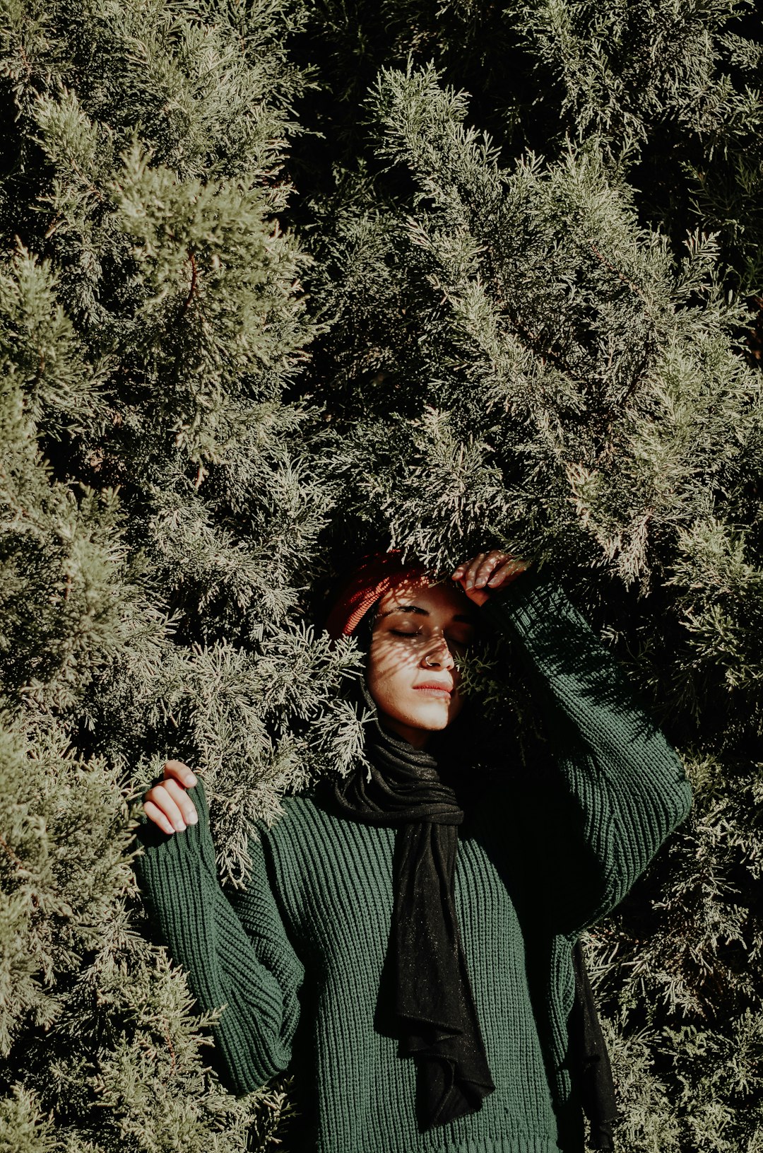 woman in green and black striped long sleeve shirt standing beside green tree during daytime