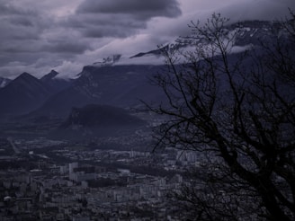 A moody, cinematic landscape of a futuristic city at dusk, blending 2D and 3D elements with realistic lighting.