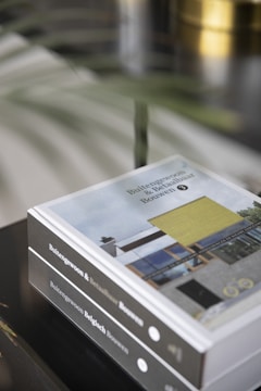 A close-up of two stacked hardcover books with the title 'Buitengewoon & Betaalbaar Bouwen' visible on the spines. The cover displays an image of a modern architectural design featuring a house with a large window and yellow accent panel. The background includes blurred elements, possibly consisting of plant leaves, adding a touch of natural ambiance.