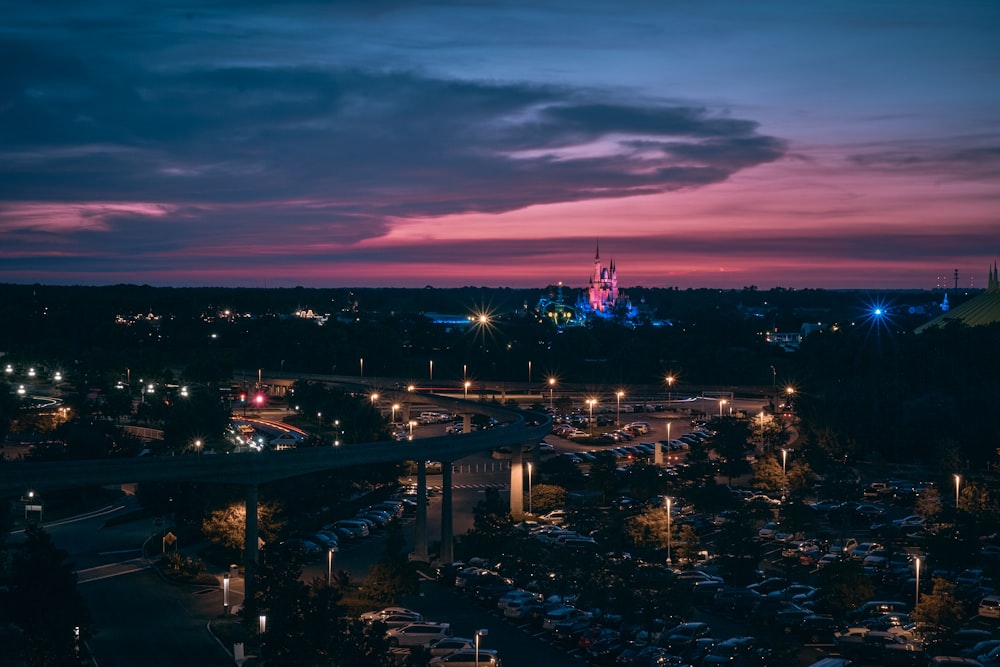 city skyline during night time